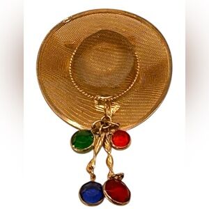 Gold Hat Brooch with Faceted,  Red, Green and Blue Bezel set Round Gem Accents